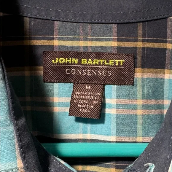 John Bartlett Consensus Button Up Shirt Medium Teal and White Plaid Long Sleeve - Picture 5 of 10